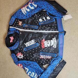 Azalea Wang Studded Moto Jacket Blue Vegan Leather Graphic Biker 1XL
